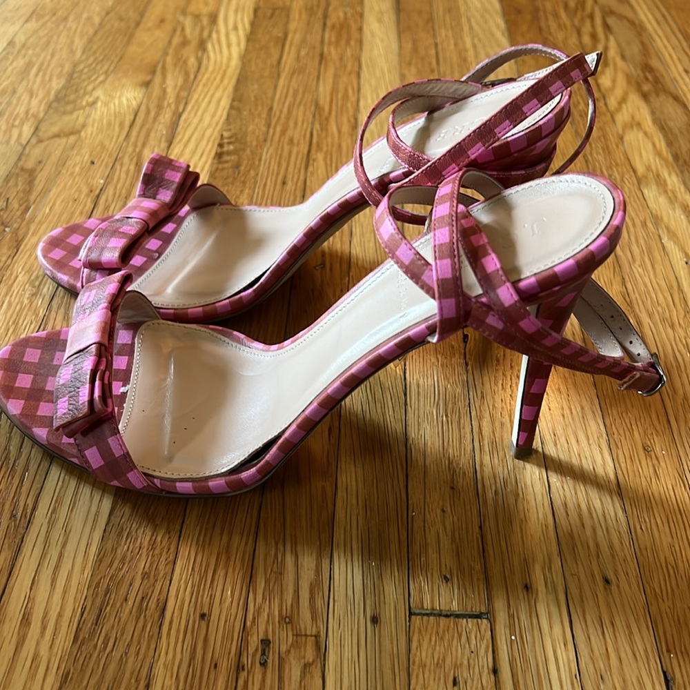 J.Crew Pink Gingham Print Leather Strappy High Heel Sandals with Bow, Size 8.5 - Picture 2 of 10
